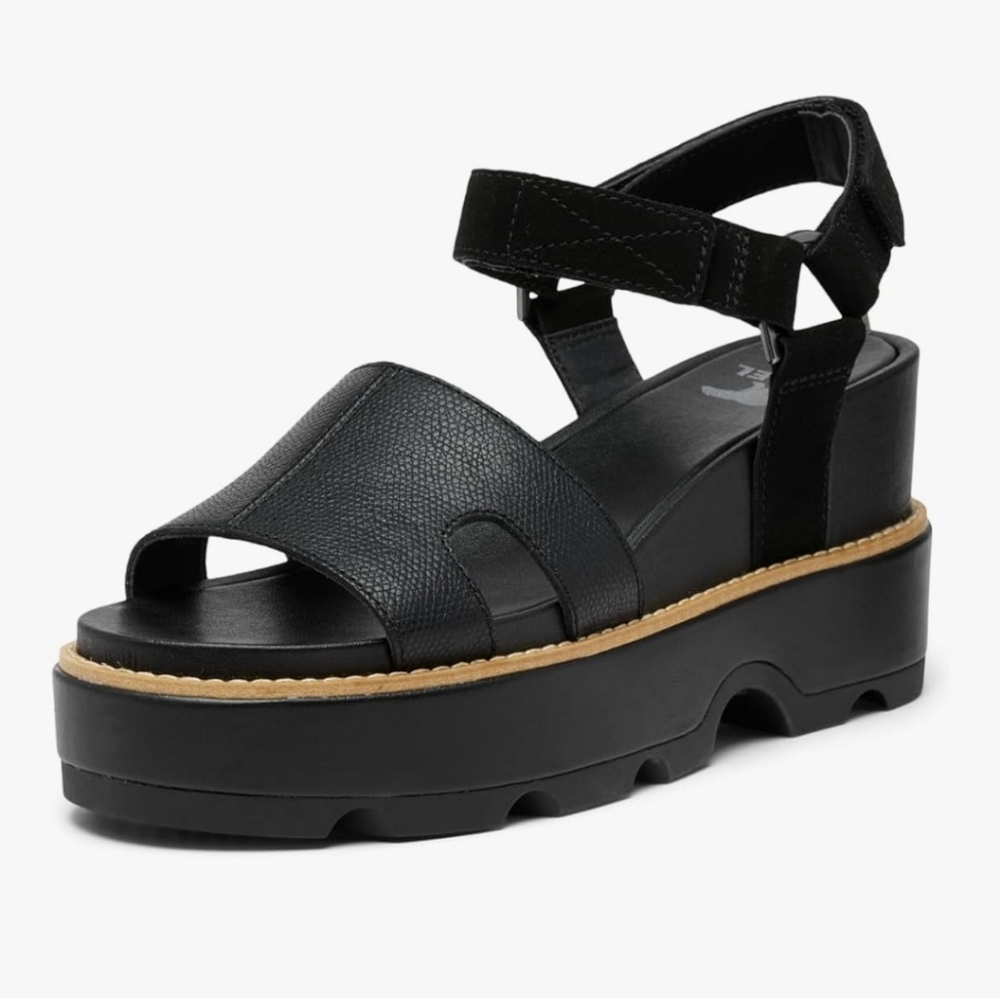 Sorel Joanie lV Black Sz 10 Leather Platform Wedge Sandals Adjustable Straps - Picture 2 of 13